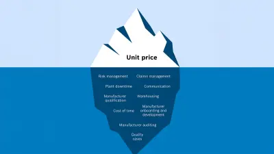 The graphic shows an iceberg where the (smaller) part above the water represents the unit price and the (larger) part below the water represents the other costs that contribute to the total cost of ownership.