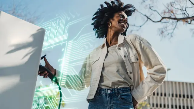 A woman charges her electric vehicle, symbolized by digital circuit traces – PCBs from copperdot enable efficient and reliable e-mobility. Bosch quality guaranteed.