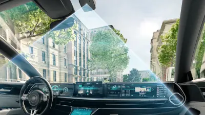 Modernes vernetztes Fahrzeug mit Bosch-Technologie – intelligente Sensoren und LTCC-PCBs von copperdot für Sicherheit und Effizienz im digitalen Cockpit.