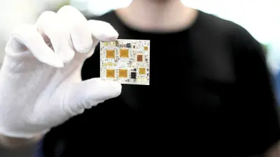 Ein Ingenieur hält ein hochwertiges LTCC-PCB von copperdot mit weißen Handschuhen – Präzision und Qualität für extreme Industriebedingungen. Entwickelt mit Bosch-Technologie.