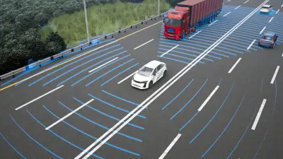 An autonomous vehicle with visible sensor radii, equipped with PCBs and copperdot technology to enable AI-driven environment detection and lane monitoring.