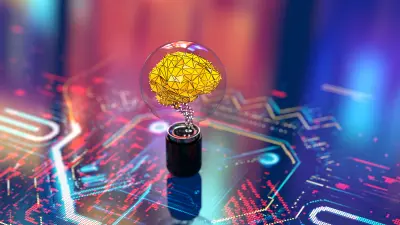 Abstract depiction of a yellow, polygonal brain structure inside a glass dome, positioned on a modern circuit board. 