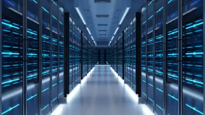 A server room with two rows of modern, closed server racks illuminated with blue LED lights demonstrates back panel PCB production of copperdot.