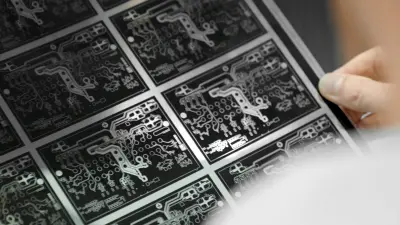 Eine Person hält eine Leiterplatten-Platine mit komplizierten Designs, die die von copperdot angewandten Prinzipien des Design for Manufacturing (DFM) veranschaulichen.