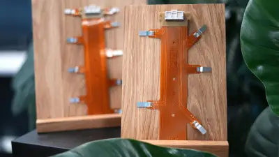 Nahaufnahme von flexiblen Leiterplatten auf Holzständern, die fortschrittliches Design und Innovation mit der copperdot-Expertise zeigen.