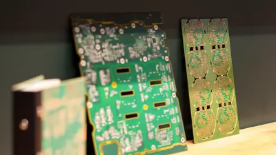 HDI-Leiterplatten (High Density Interconnect) auf einem Tisch, die fortschrittliche Leiterplattentechnologie von copperdot zeigen.