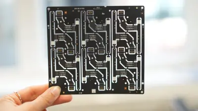 Hand holding a printed circuit board (PCB) showing the complexity of the layout