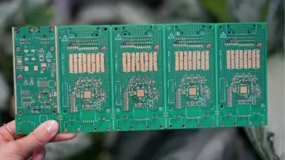 Hand holding a row of green circuit boards (PCBs) with complex circuit design and gold contact points against a blurred background.