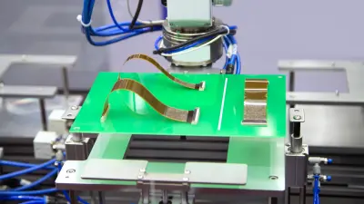 Flexible Leiterplatten liegen auf einem Qualitätsmessgerät in einem Produktionsraum und werden einem Test unterzogen, um die hohen Qualitätsstandards der Leiterplattenbeschaffung von Bosch copperdot zu erfüllen.