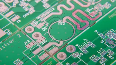 Feine Linien und Muster einer grünen Leiterplatte, die die Komplexität elektronischer Verbindungen veranschaulicht.