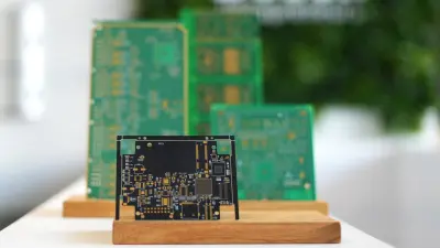 Ein schwarzer Mikrochip mit zahlreichen Anschlussbeinen ist mittig auf einer grünen Leiterplatte mit vielen kleineren SMD-Bauteilen platziert.