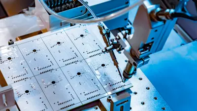 Image of PCB being electrically tested during production.