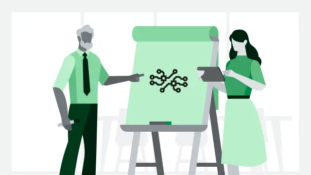 An illustration of two people looking at a flipchart displaying a grid. This image symbolizes the initial consultation at copperdot.