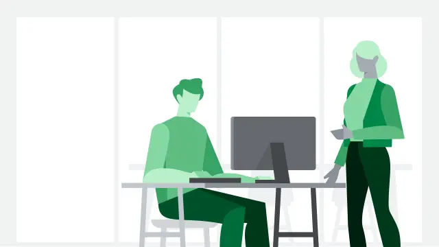 An illustration of two people, one sitting and looking at a screen, the other standing. This image symbolizes the design check as part of the high-quality PCB consulting service provided by the expert team at copperdot.