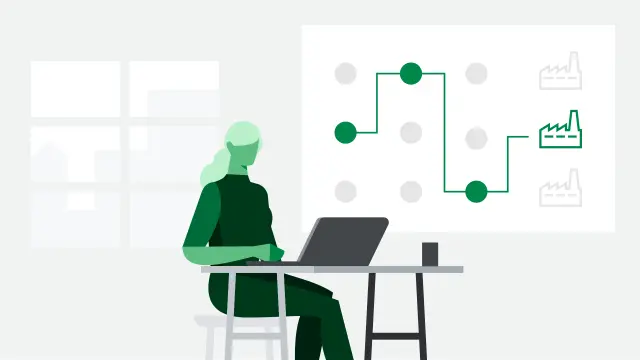 An illustration of a person sitting and looking at a screen. In the background, an illustration symbolizing the procurement step of PCBs from the suitable suppliers through copperdot.