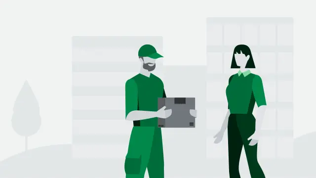 An illustration of a person handing a package to another person. This image symbolizes the commitment to optimal and secure logistics as part of copperdot's high-quality PCB procurement process.